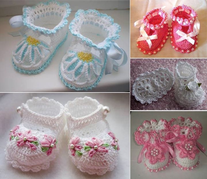 tığ işi örülmüş inci süslemeli örgü kız bebek patikleri