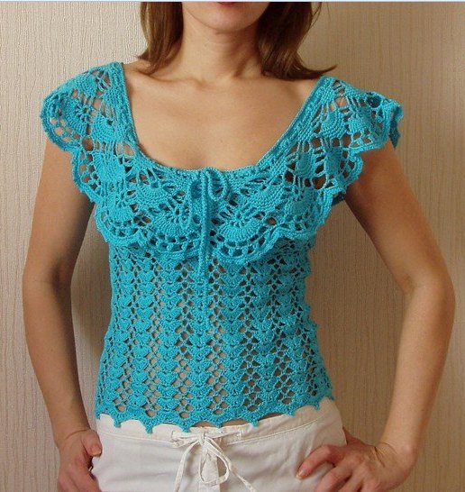 mavi renkli dantel yakalı örgü yazlık bluz modeli Örgü