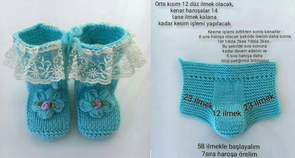 Çiçek  Ve Dantel Süslemeli Çocuk Patiği Nasıl Örülür? 1 .2 Yaş